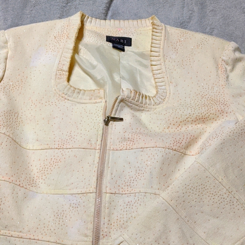 Zipper front jacket, pale yellow with pink sparkles, size extra large